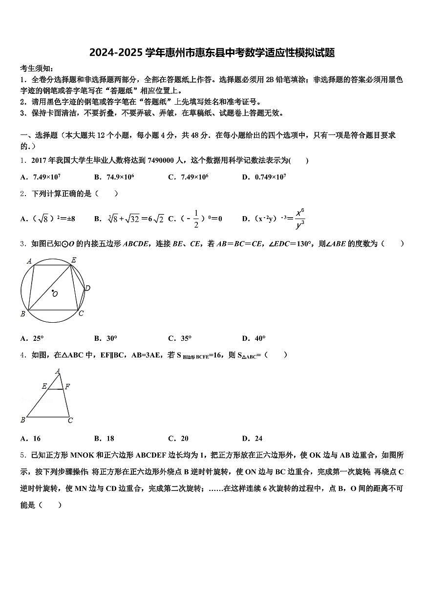 2024-2025学年惠州市惠东县中考数学适应性模拟试题含解析第1页