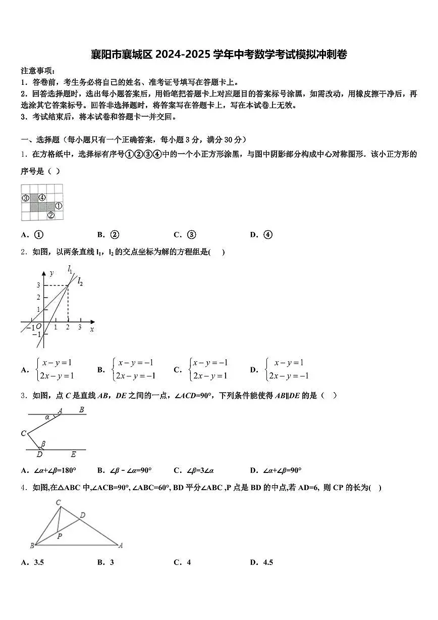 襄阳市襄城区2024-2025学年中考数学考试模拟冲刺卷含解析第1页