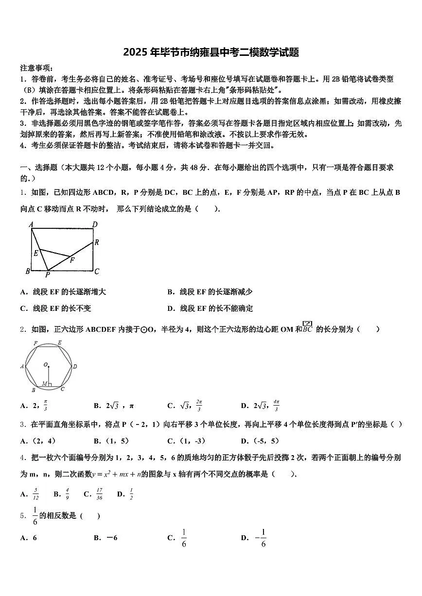 2025年毕节市纳雍县中考二模数学试题含解析第1页