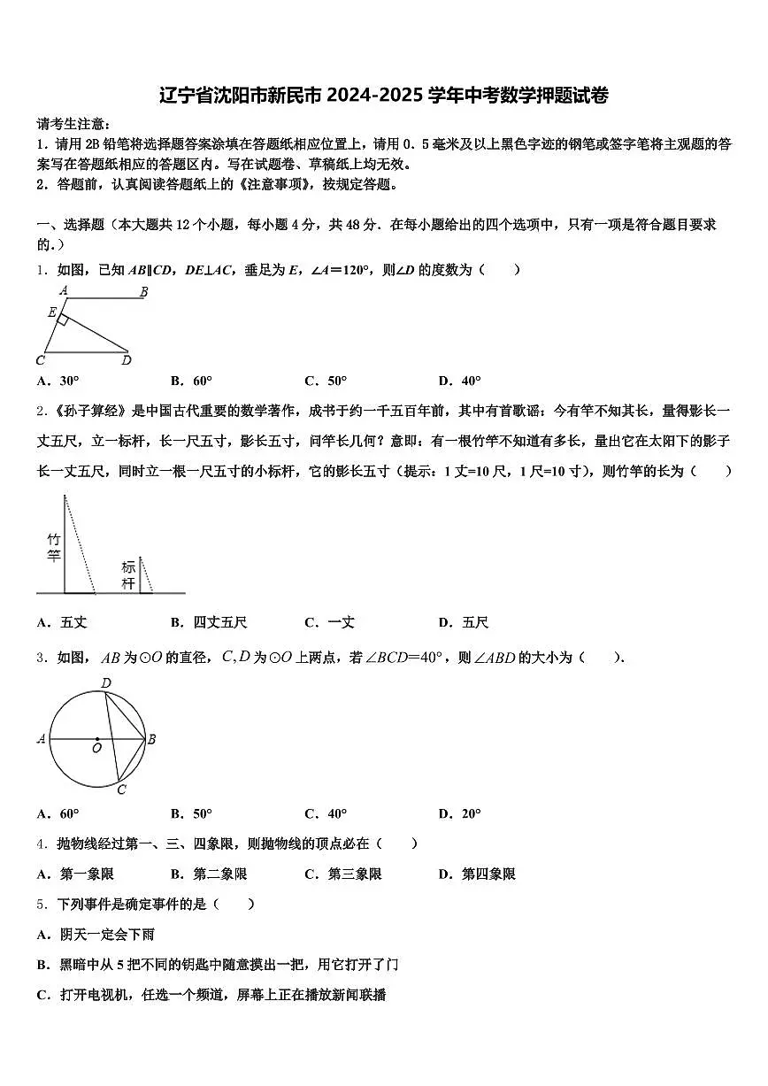 辽宁省沈阳市新民市2024-2025学年中考数学押题试卷含解析第1页