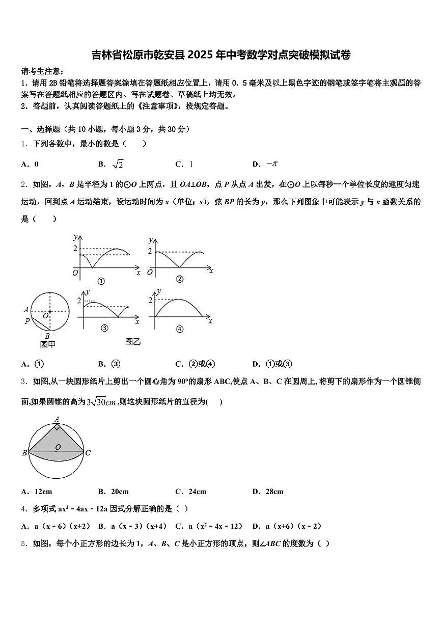 吉林省松原市乾安县2025年中考数学对点突破模拟试卷含解析第1页