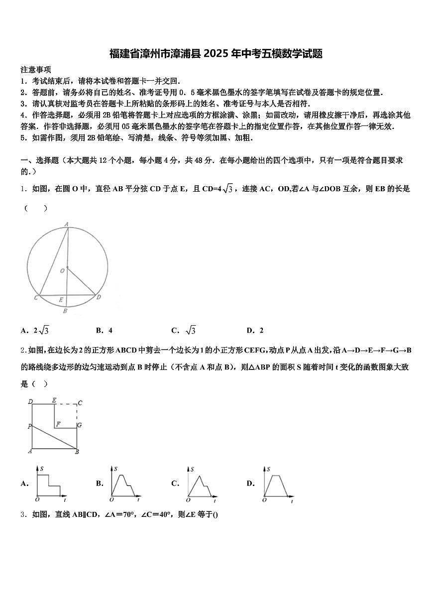 福建省漳州市漳浦县2025年中考五模数学试题含解析第1页