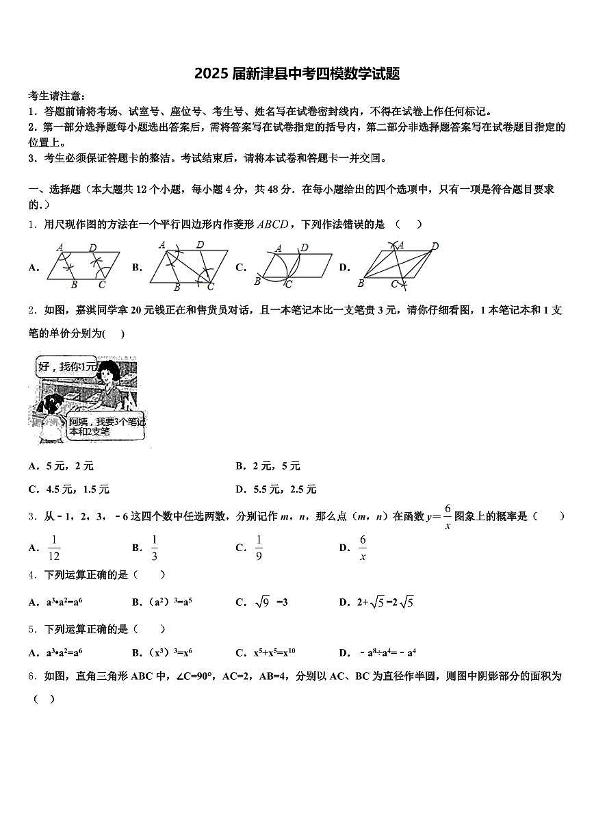 2025届新津县中考四模数学试题含解析第1页