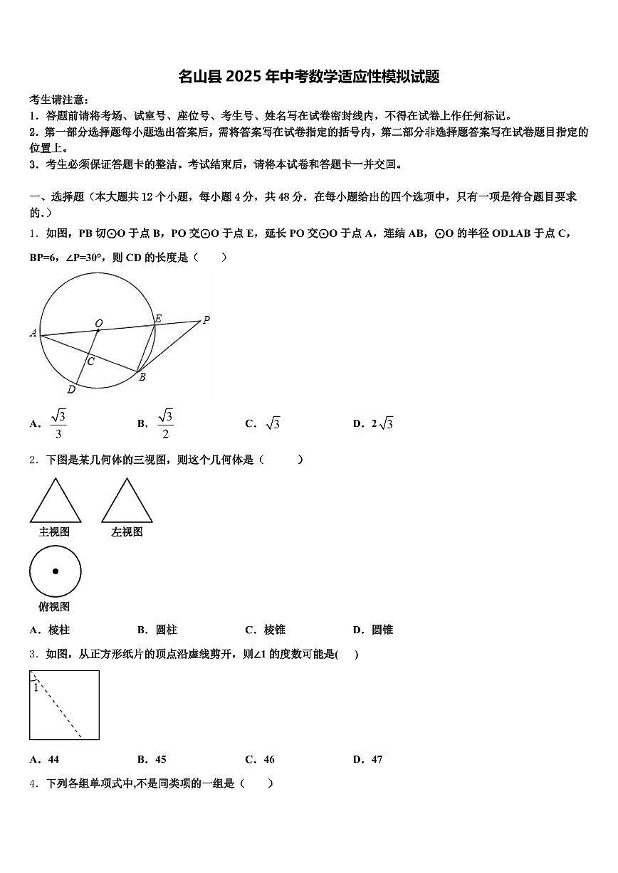 名山县2025年中考数学适应性模拟试题含解析第1页