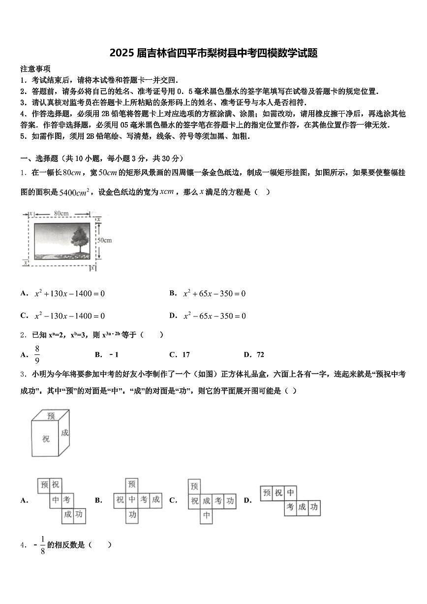2025届吉林省四平市梨树县中考四模数学试题含解析第1页
