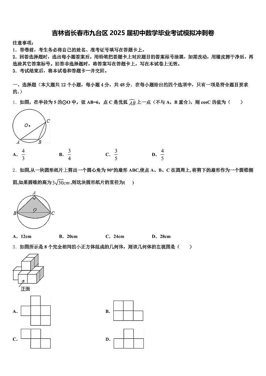 吉林省长春市九台区2025届初中数学毕业考试模拟冲刺卷含解析第1页