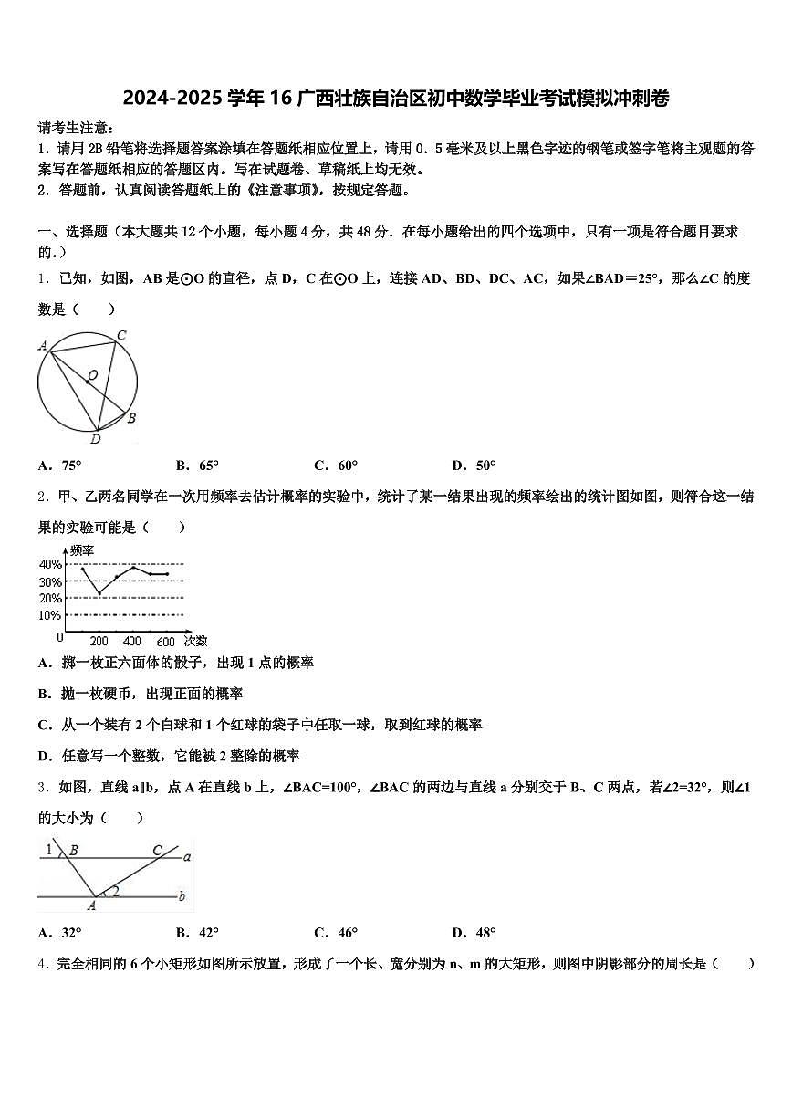 2024-2025学年16广西壮族自治区初中数学毕业考试模拟冲刺卷含解析第1页