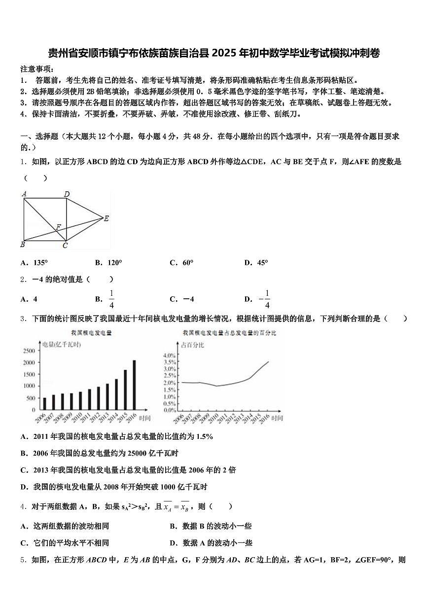 贵州省安顺市镇宁布依族苗族自治县2025年初中数学毕业考试模拟冲刺卷含解析第1页