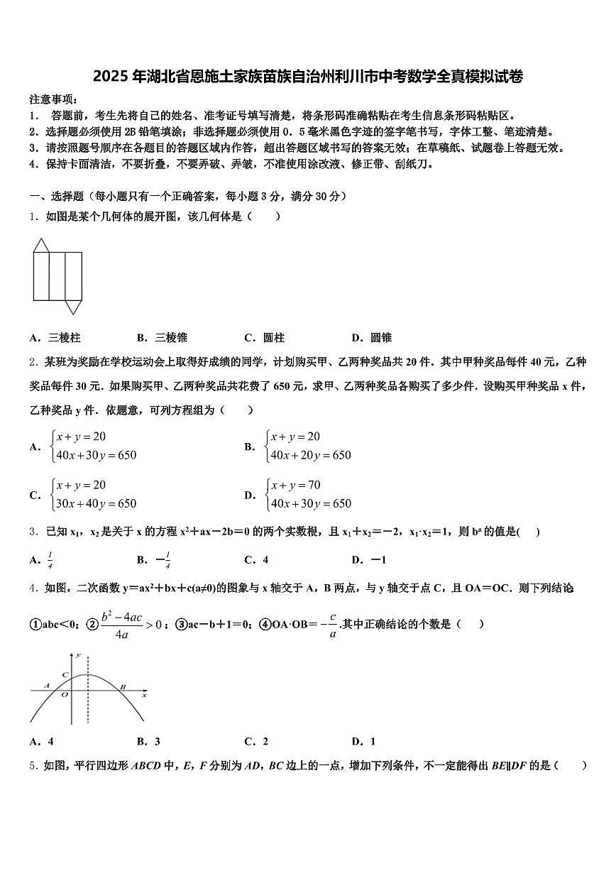 2025年湖北省恩施土家族苗族自治州利川市中考数学全真模拟试卷含解析第1页