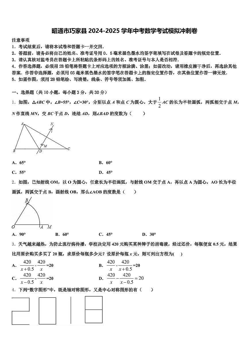 昭通市巧家县2024-2025学年中考数学考试模拟冲刺卷含解析第1页