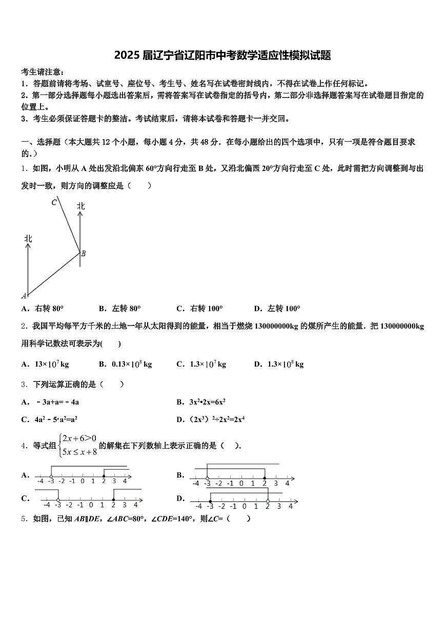 2025届辽宁省辽阳市中考数学适应性模拟试题含解析第1页