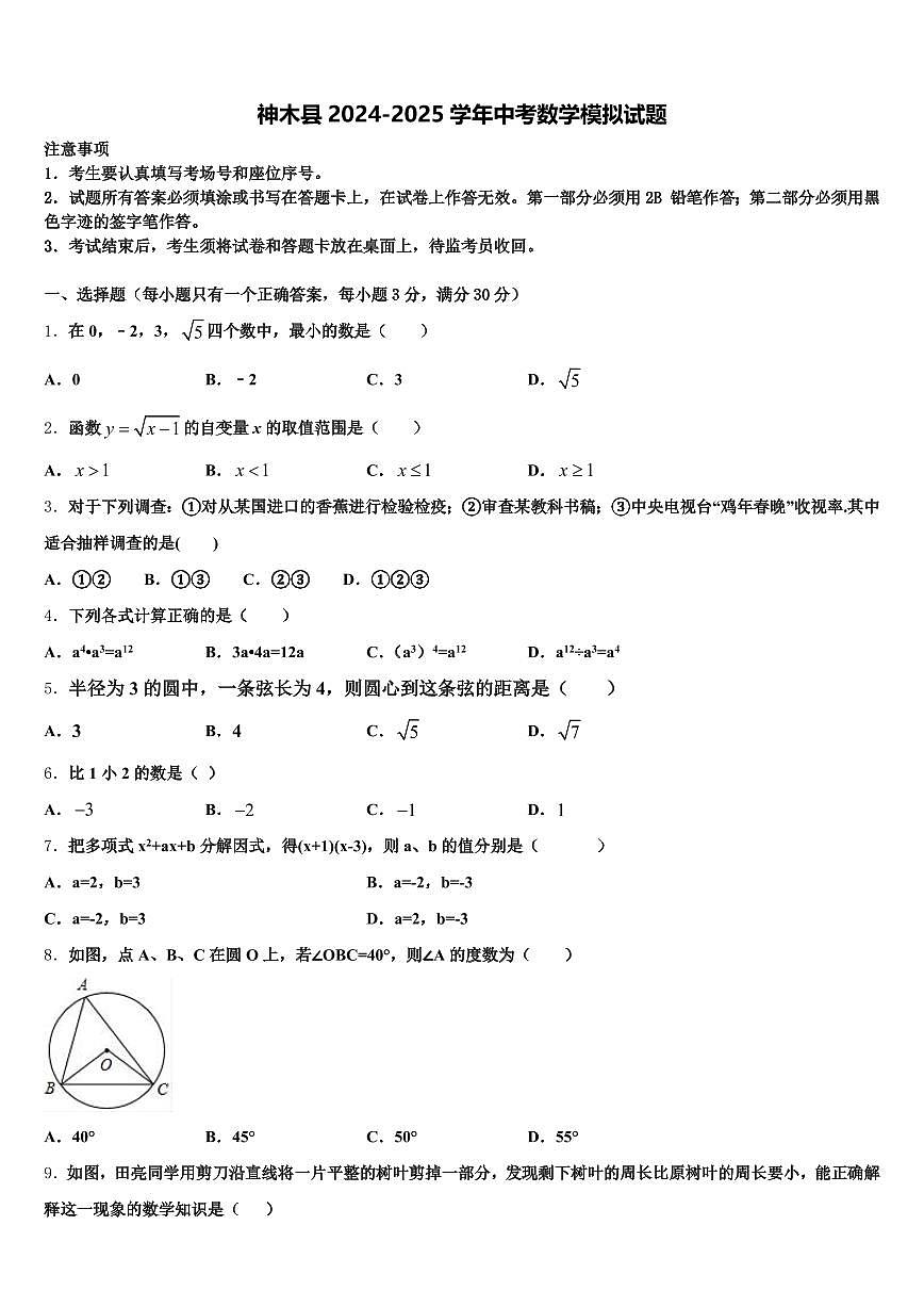 神木县2024-2025学年中考数学模拟试题含解析第1页