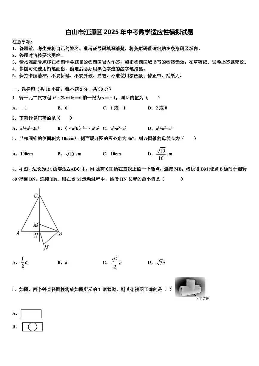 白山市江源区2025年中考数学适应性模拟试题含解析第1页
