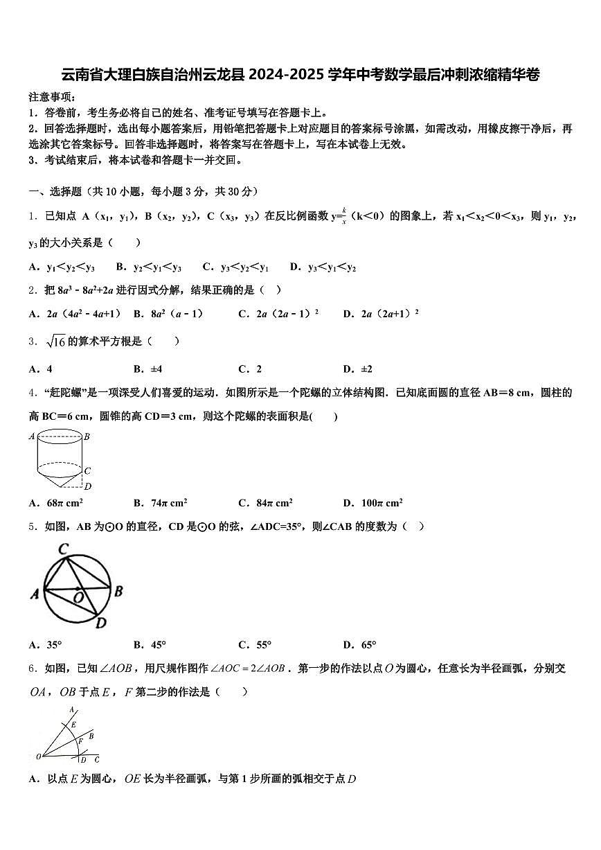 云南省大理白族自治州云龙县2024-2025学年中考数学最后冲刺浓缩精华卷含解析第1页