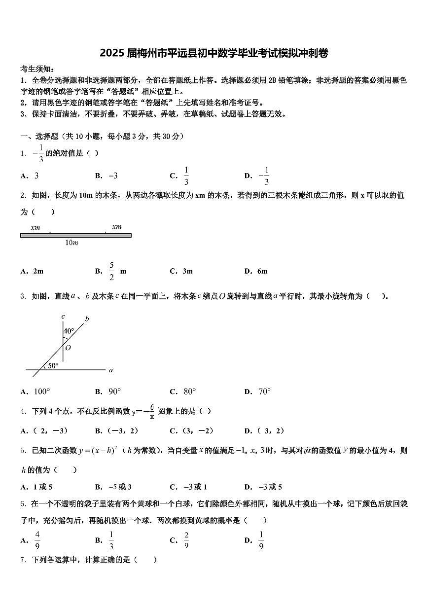 2025届梅州市平远县初中数学毕业考试模拟冲刺卷含解析第1页