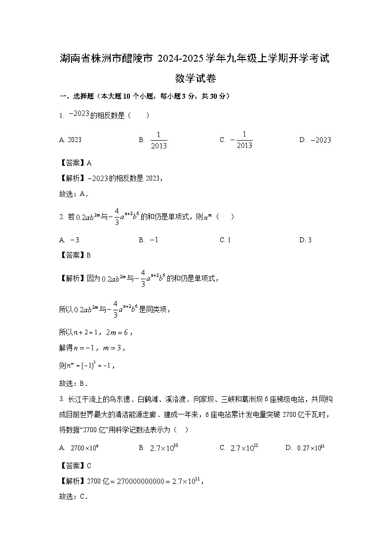 湖南省株洲市醴陵市2024-2025学年九年级上学期开学考试数学试题（解析版）第1页