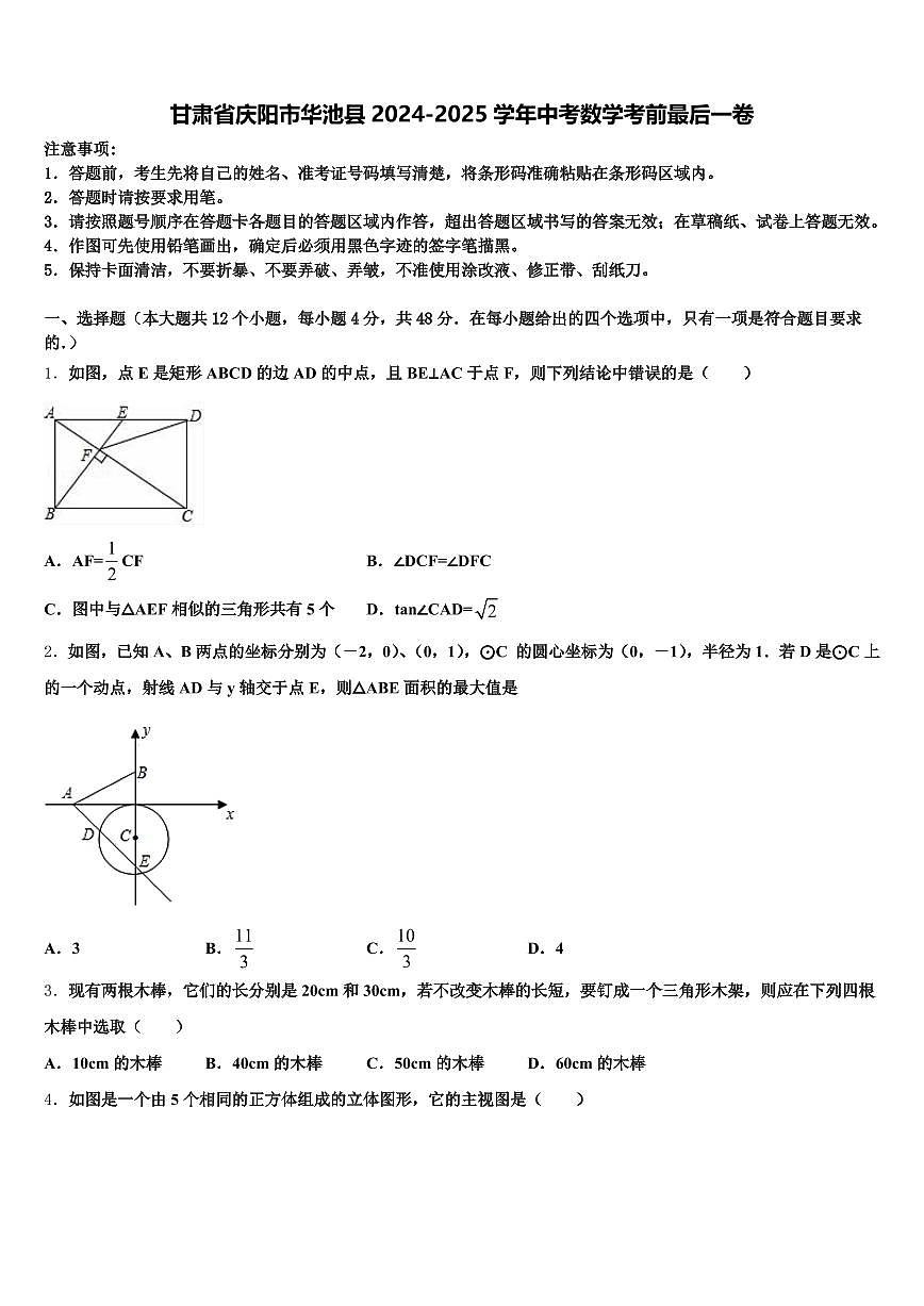 甘肃省庆阳市华池县2024-2025学年中考数学考前最后一卷含解析第1页
