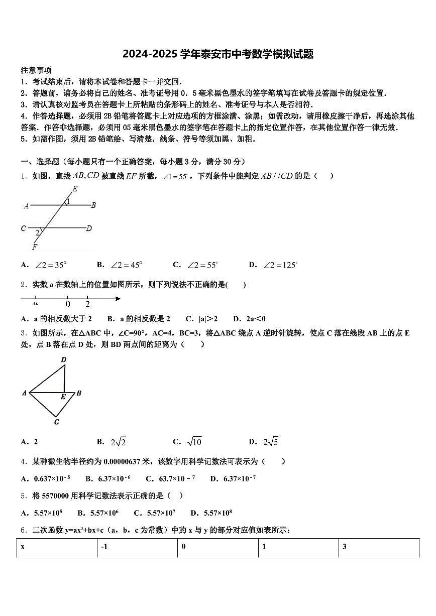 2024-2025学年泰安市中考数学模拟试题含解析第1页