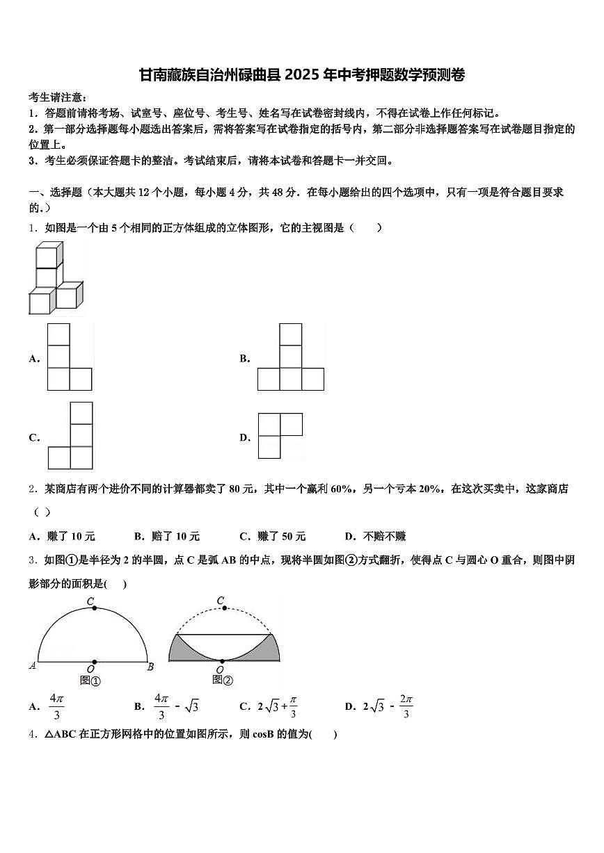 甘南藏族自治州碌曲县2025年中考押题数学预测卷含解析第1页