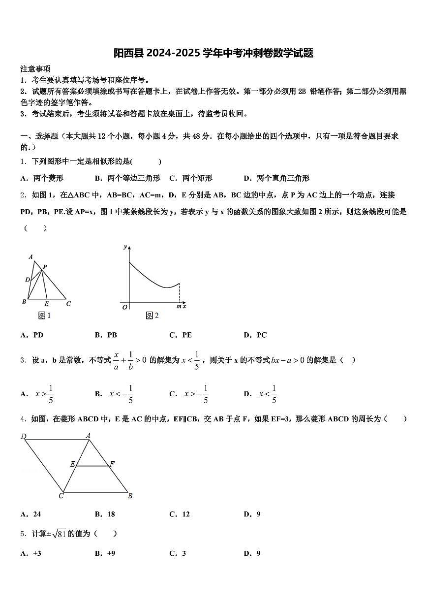 阳西县2024-2025学年中考冲刺卷数学试题含解析第1页