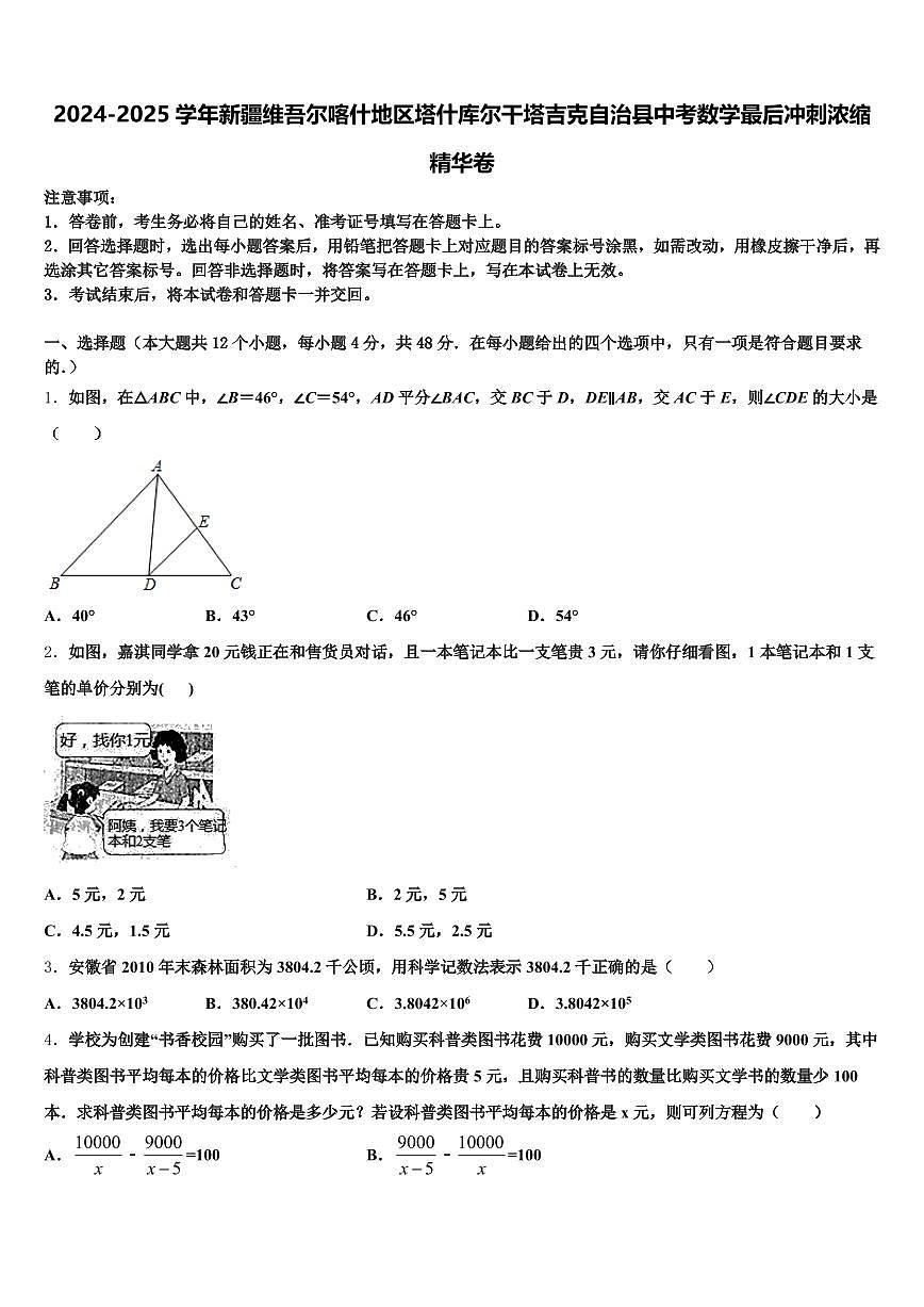 2024-2025学年新疆维吾尔喀什地区塔什库尔干塔吉克自治县中考数学最后冲刺浓缩精华卷含解析第1页