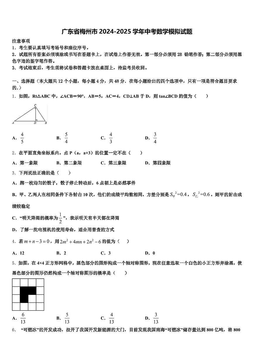 广东省梅州市2024-2025学年中考数学模拟试题含解析第1页