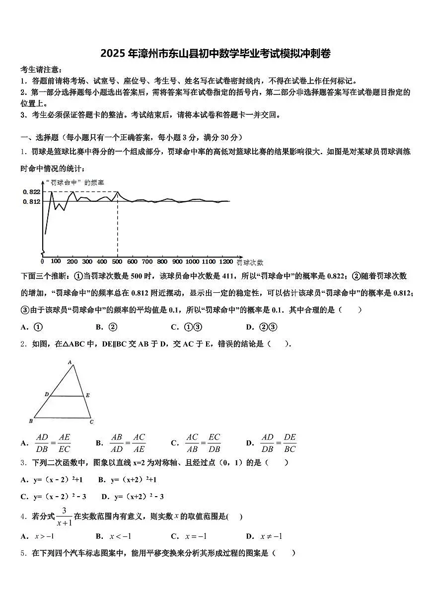 2025年漳州市东山县初中数学毕业考试模拟冲刺卷含解析第1页