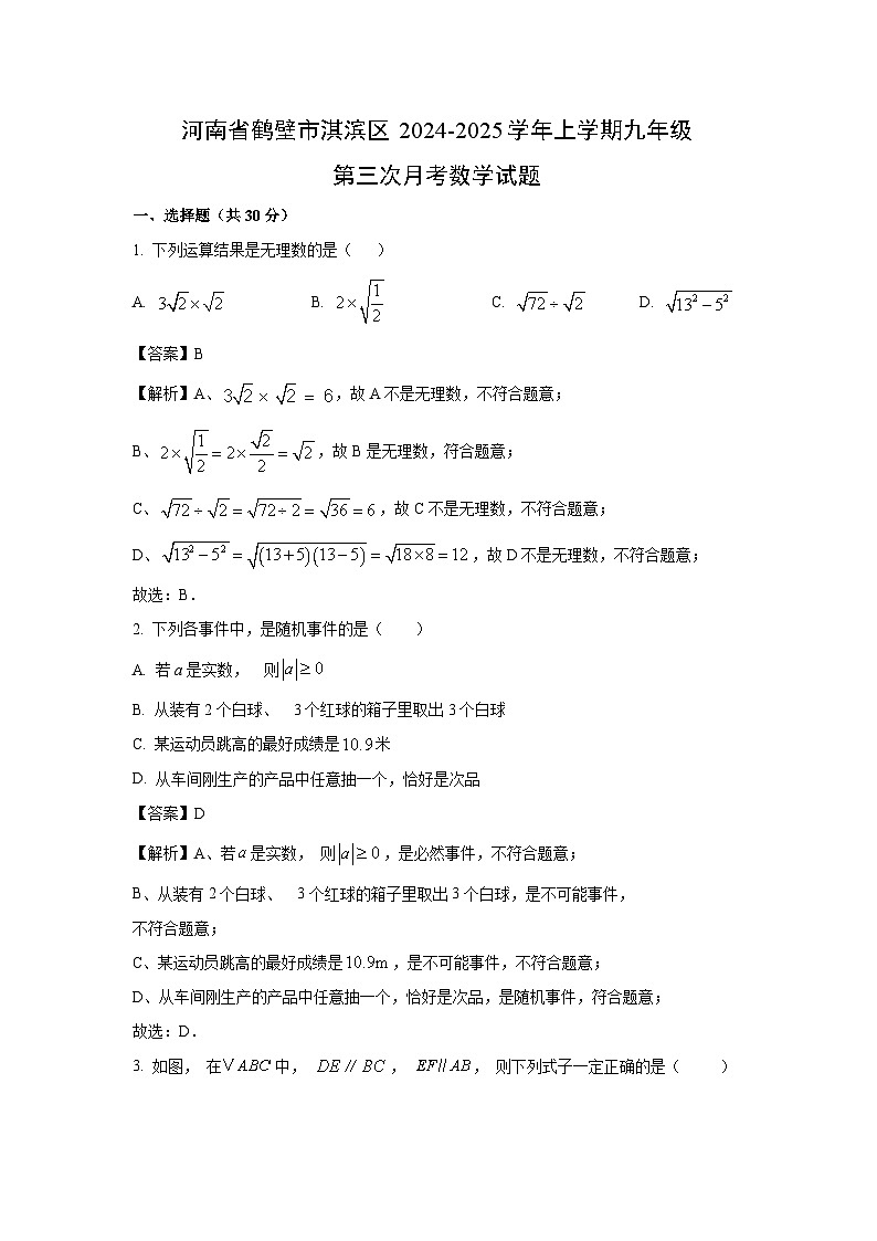 河南省鹤壁市淇滨区2024-2025学年上学期九年级第三次月考数学试题（解析版）第1页