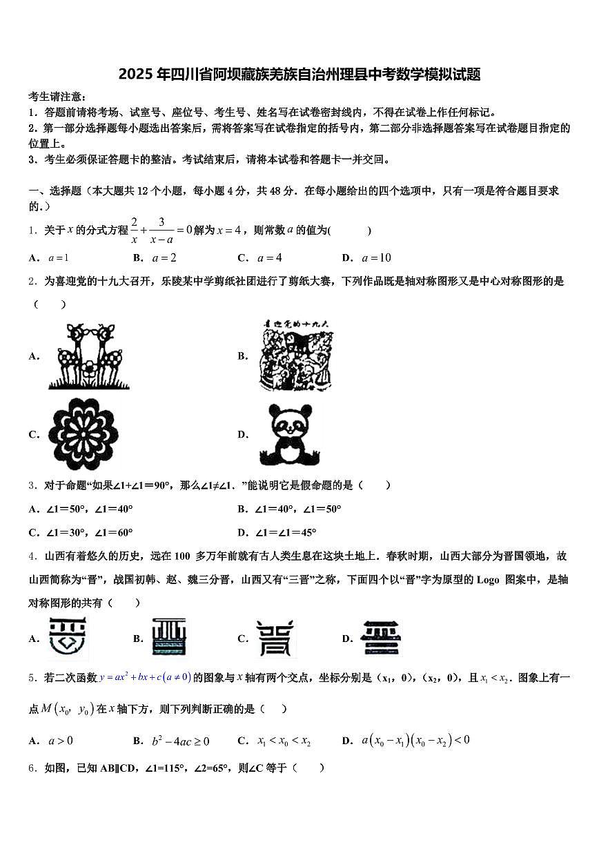 2025年四川省阿坝藏族羌族自治州理县中考数学模拟试题含解析第1页