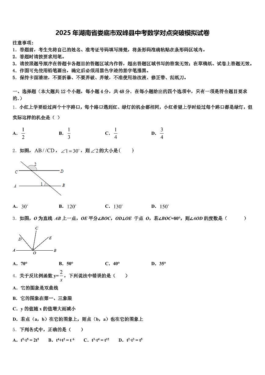 2025年湖南省娄底市双峰县中考数学对点突破模拟试卷含解析第1页