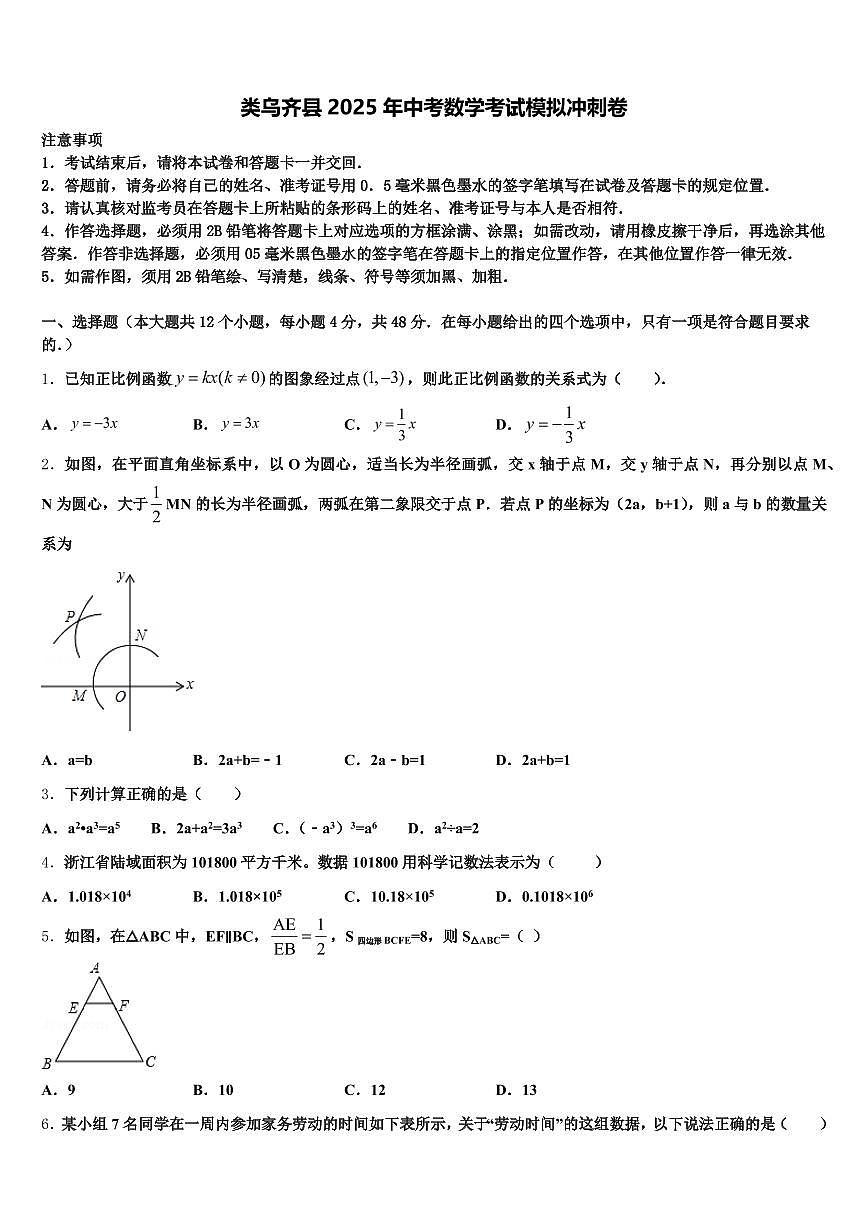 类乌齐县2025年中考数学考试模拟冲刺卷含解析第1页