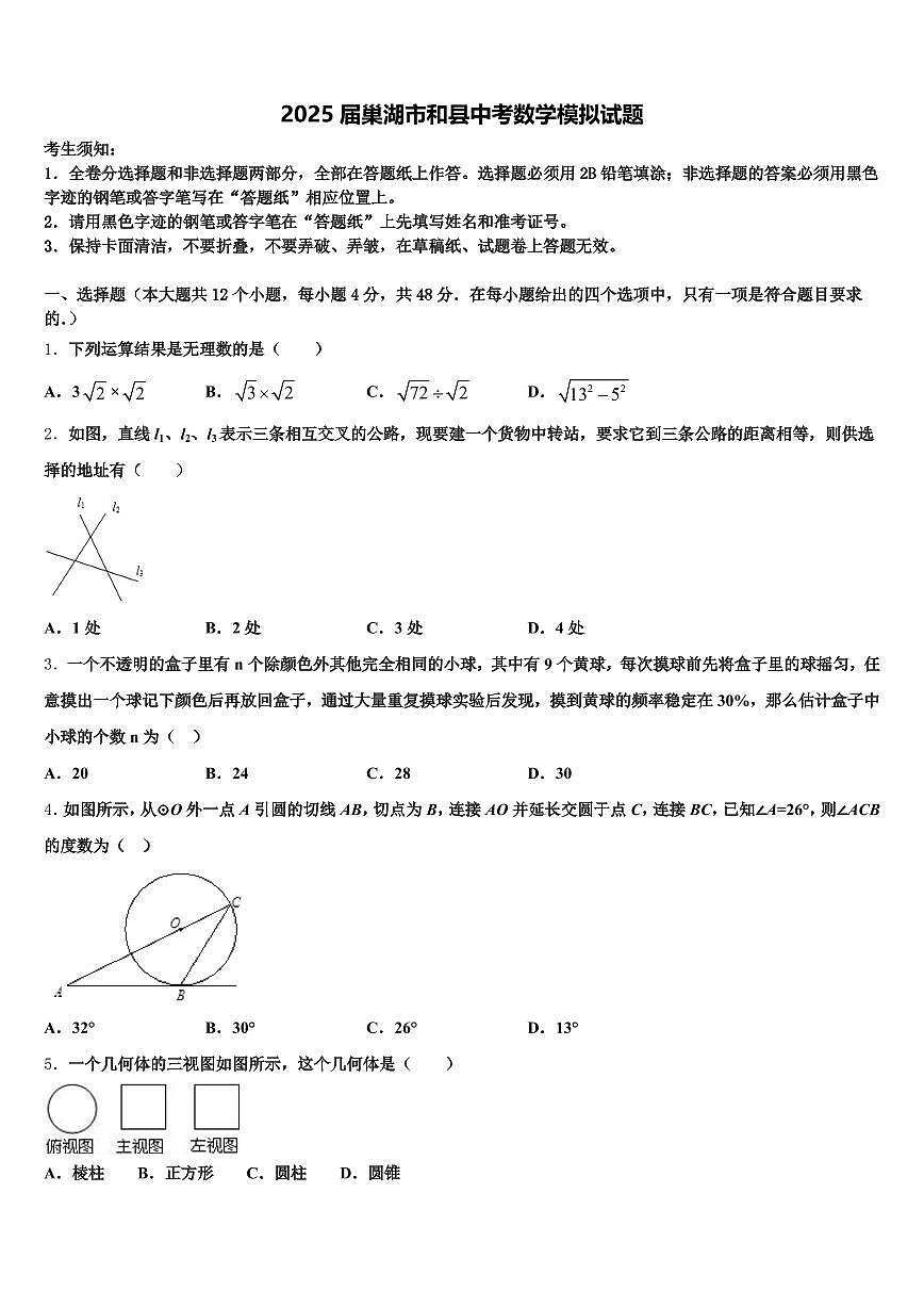 2025届巢湖市和县中考数学模拟试题含解析第1页