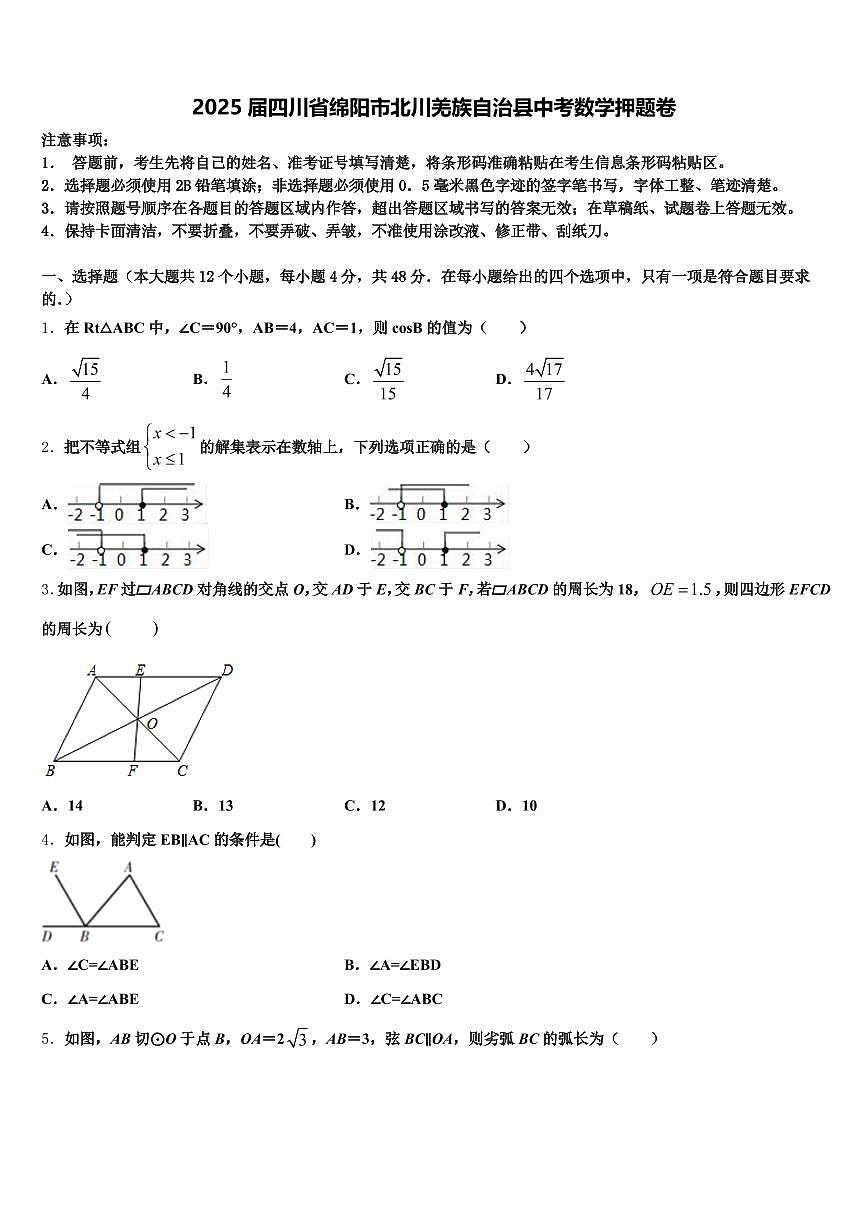 2025届四川省绵阳市北川羌族自治县中考数学押题卷含解析第1页