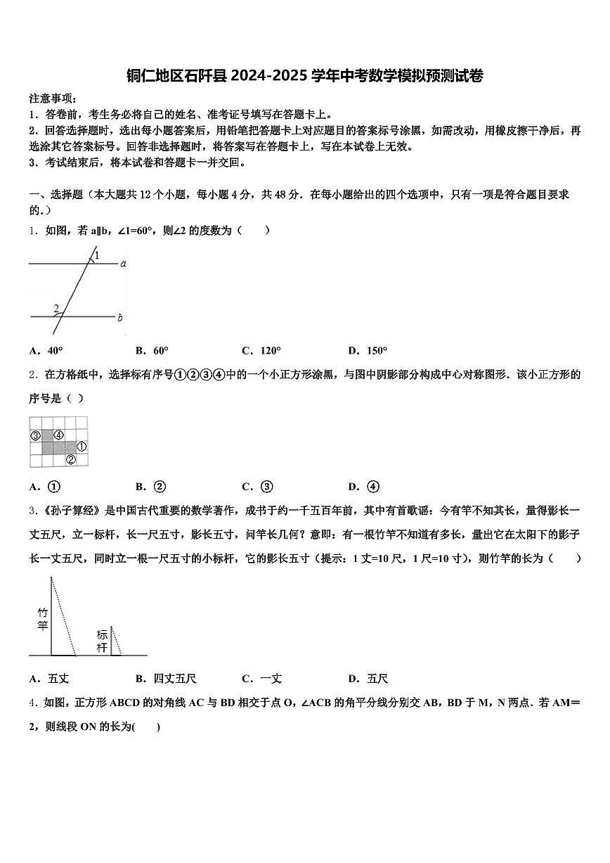 铜仁地区石阡县2024-2025学年中考数学模拟预测试卷含解析第1页