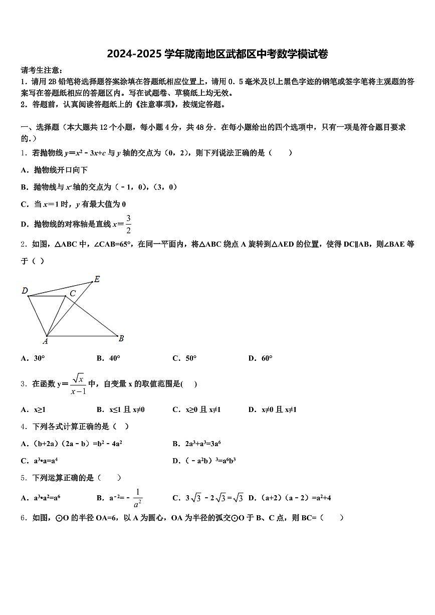 2024-2025学年陇南地区武都区中考数学模试卷含解析第1页