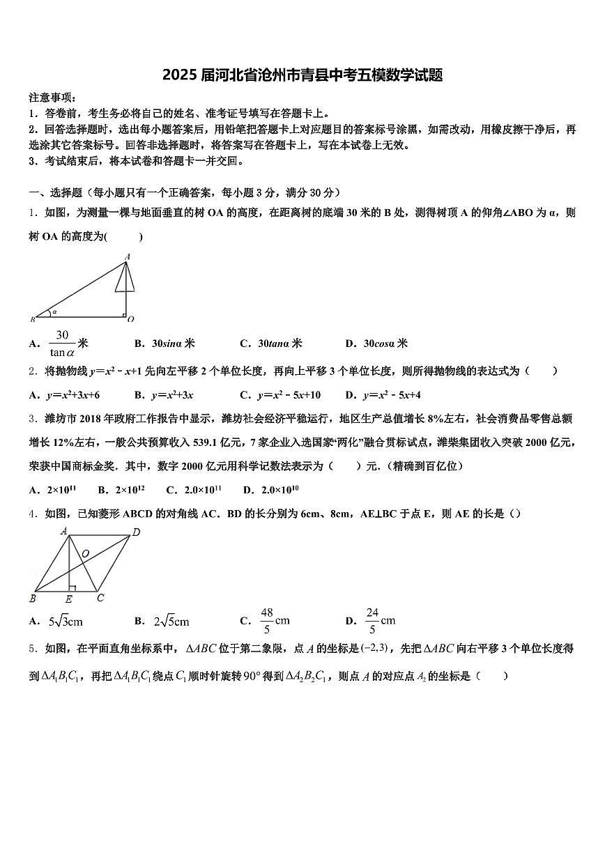 2025届河北省沧州市青县中考五模数学试题含解析第1页