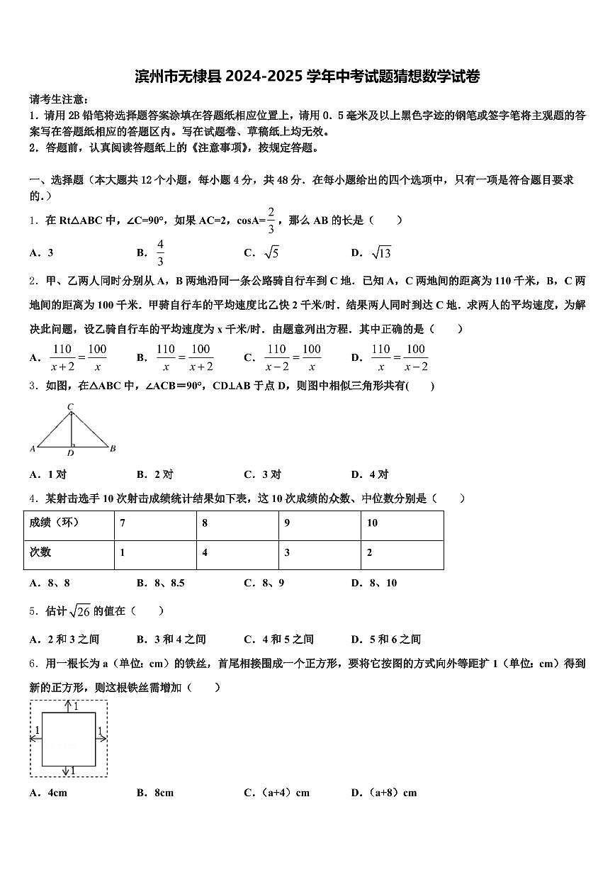 滨州市无棣县2024-2025学年中考试题猜想数学试卷含解析第1页