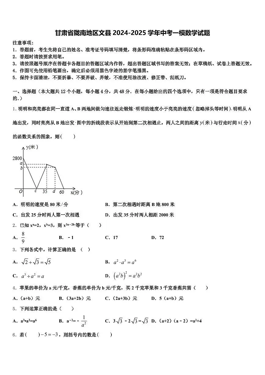 甘肃省陇南地区文县2024-2025学年中考一模数学试题含解析第1页