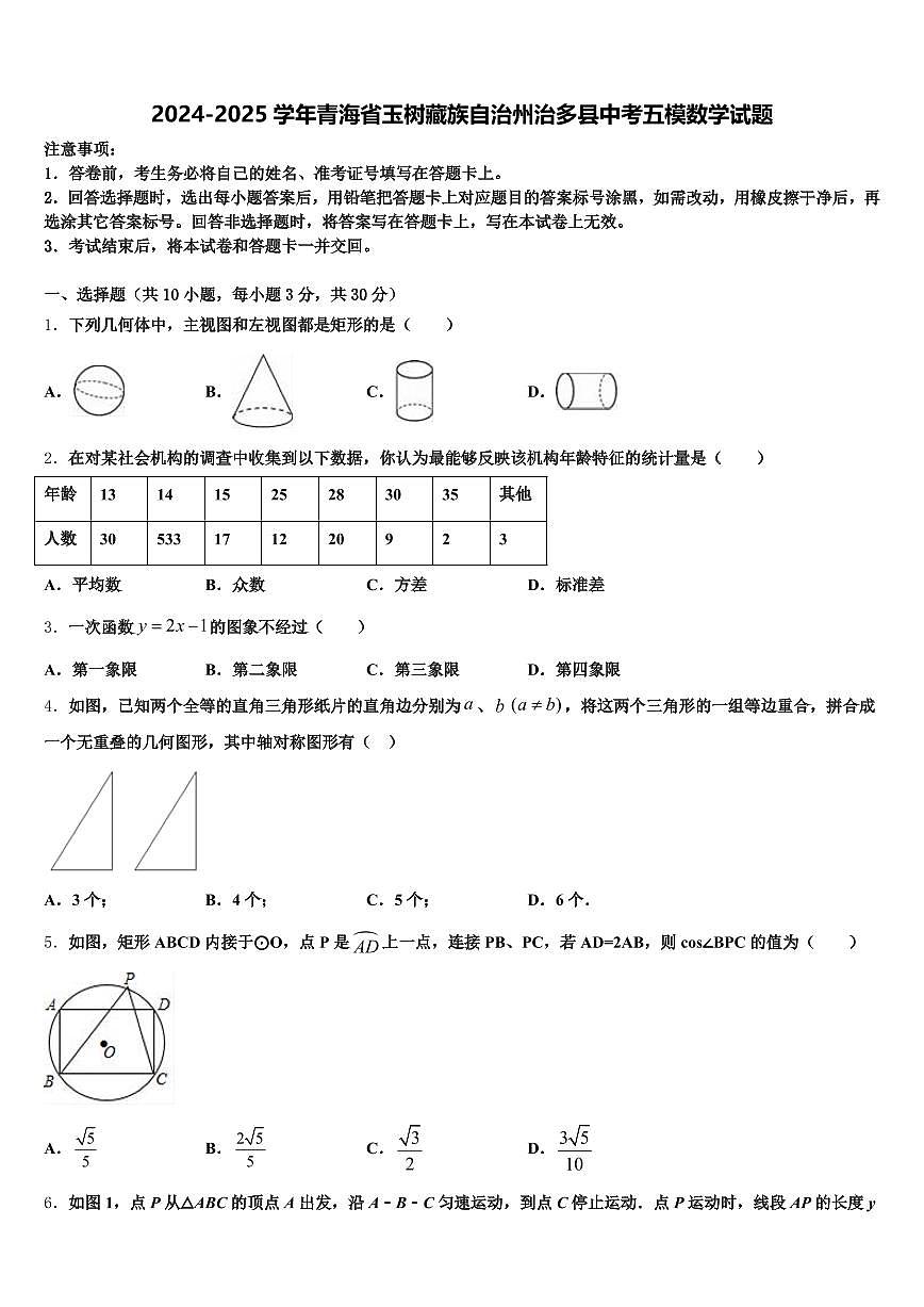 2024-2025学年青海省玉树藏族自治州治多县中考五模数学试题含解析第1页