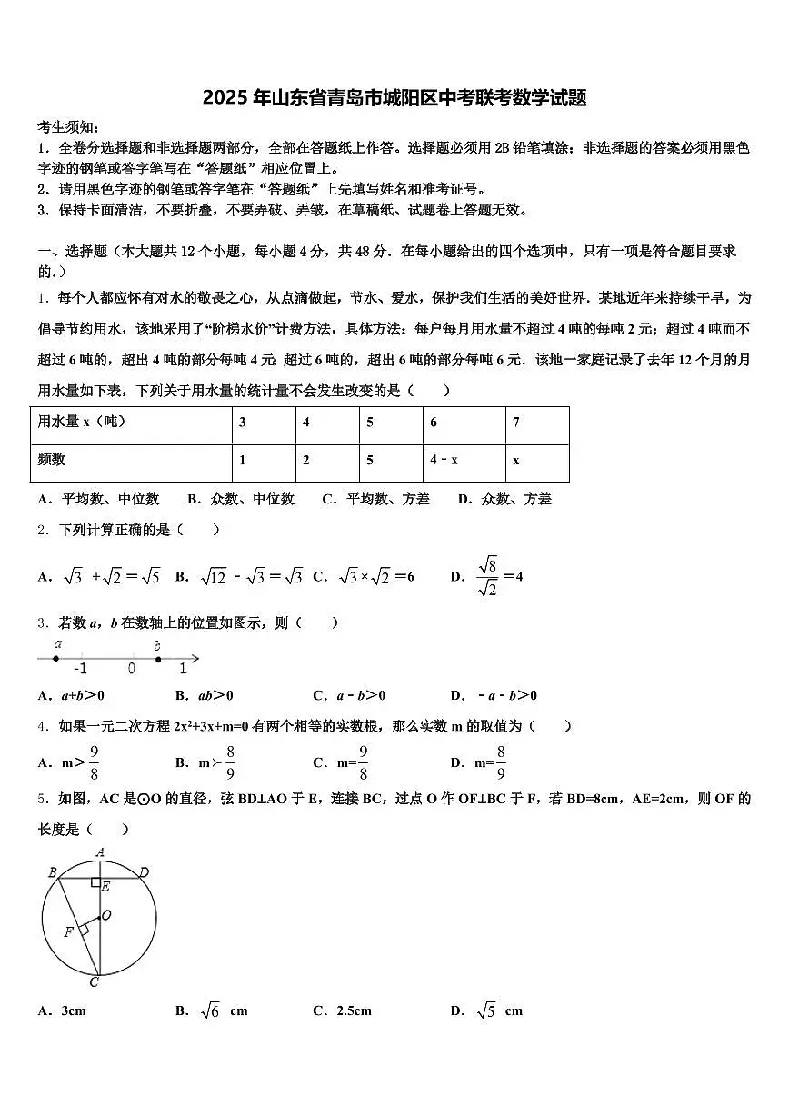 2025年山东省青岛市城阳区中考联考数学试题含解析第1页