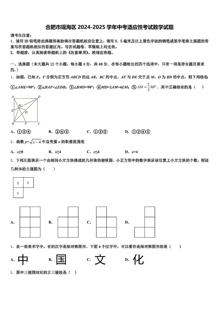 合肥市瑶海区2024-2025学年中考适应性考试数学试题含解析第1页