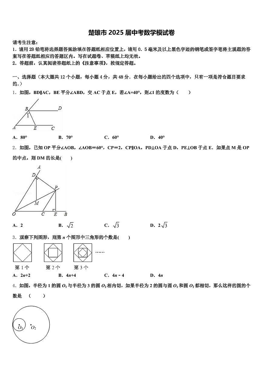 楚雄市2025届中考数学模试卷含解析第1页