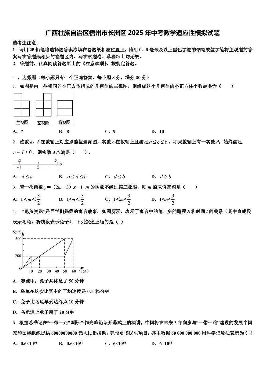 广西壮族自治区梧州市长洲区2025年中考数学适应性模拟试题含解析第1页
