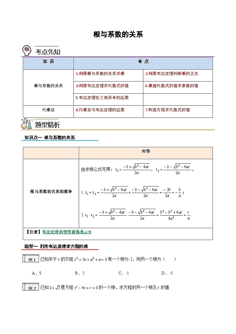 2023年九年级数学上册《根与系数的关系》知识考点练习（含答案）第1页