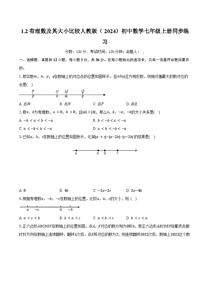 1.2有理数及其大小比较 人教版（2024）初中数学七年级上册同步练习（含详细答案解析）第1页