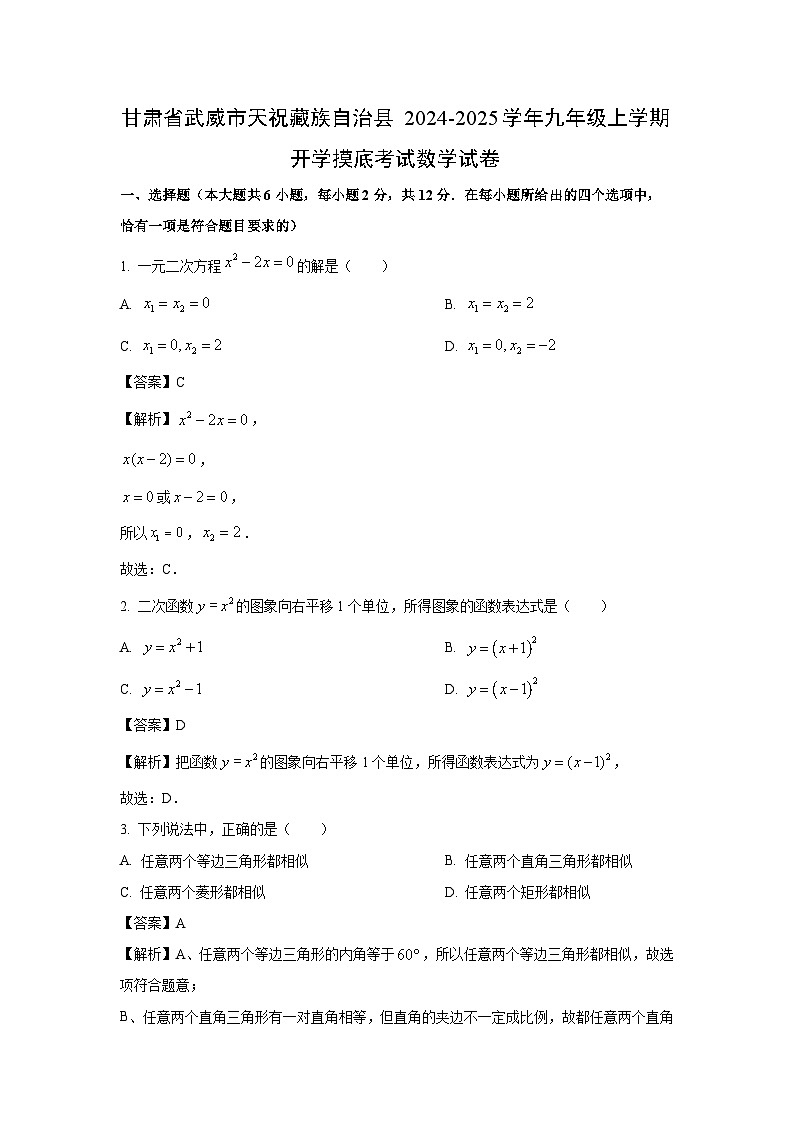 甘肃省武威市天祝藏族自治县2024-2025学年九年级上学期开学摸底考试数学试题（解析版）第1页