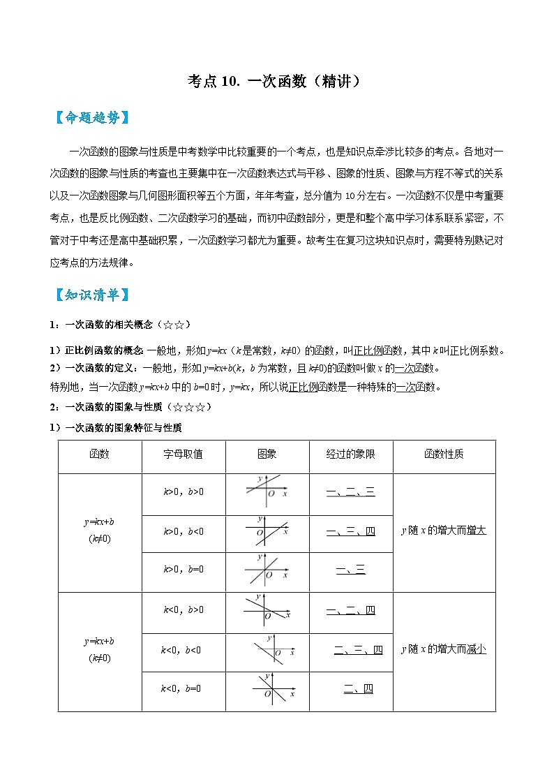 2026中考数学核心考点精讲精训练-考点10一次函数（学生版+名师详解版）第1页