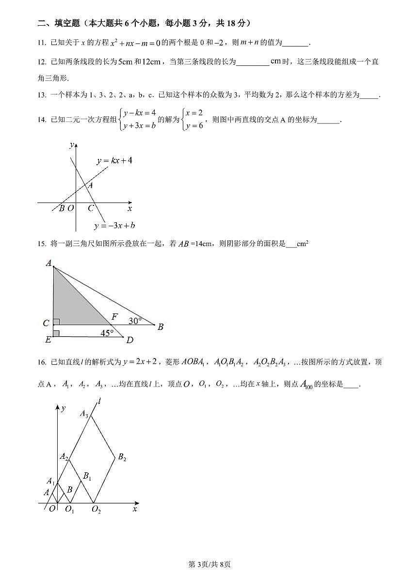 2023-2024长培九上入学考试数学试卷第3页