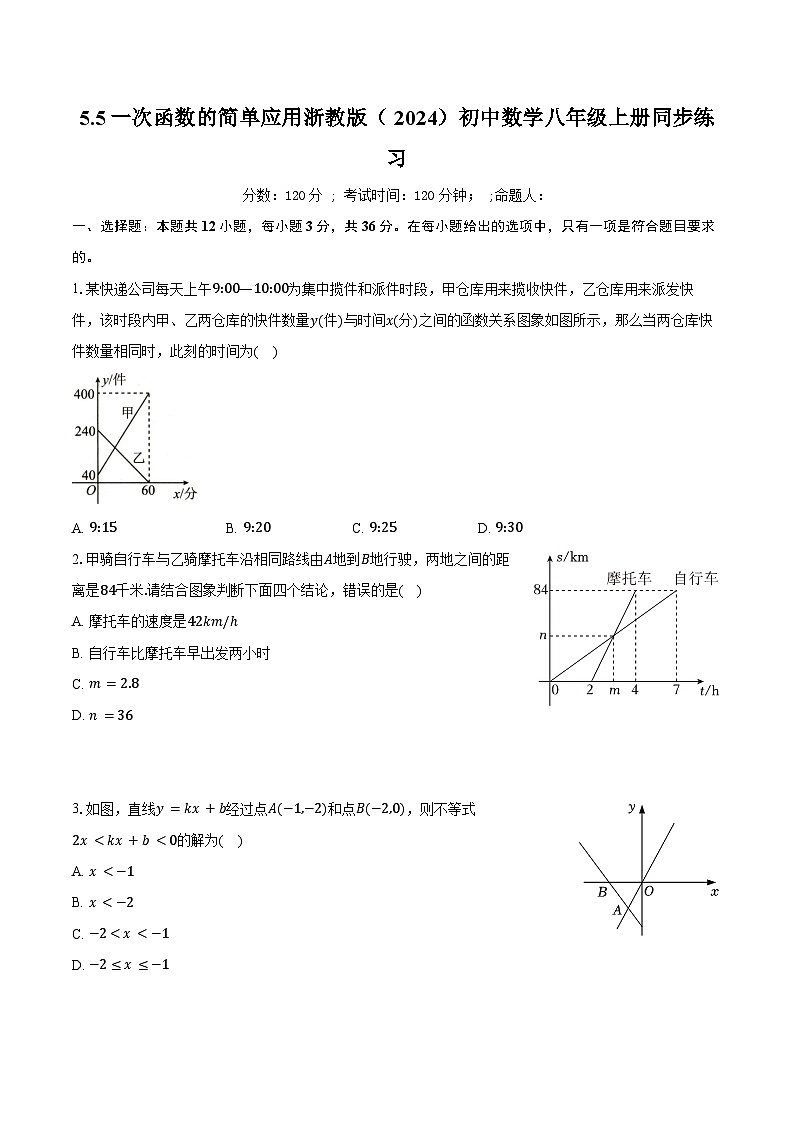 5.5一次函数的简单应用 浙教版（2024）初中数学八年级上册同步练习（含详细答案解析）第1页