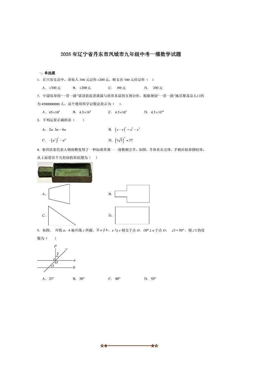 2025届辽宁省丹东市凤城市九年级下中考一模数学试卷(含答案)第1页